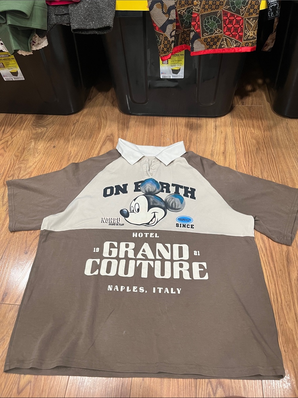 Two-Tone Brown & Cream Polo Shirt with Graphic